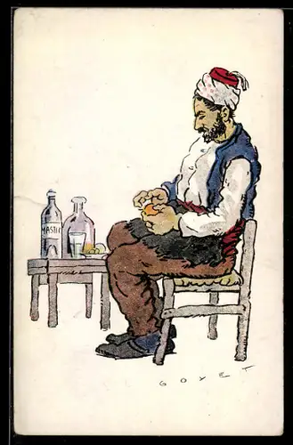 Künstler-AK sign. Goyet: Orientale schält eine Apfelsine