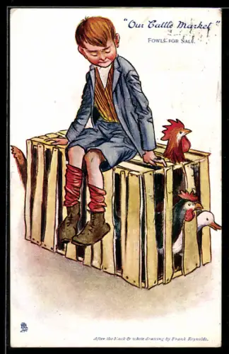 Künstler-AK sign. Frank Reynolds: Junge sitzt auf einer Kiste mit Federvieh