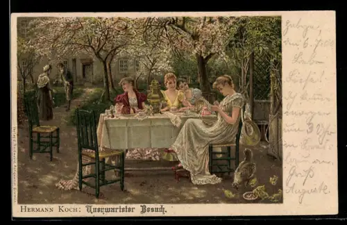 Künstler-AK sign. Hermann Koch: Damen an der Kaffeetafel erhalten unerwarteten Besuch