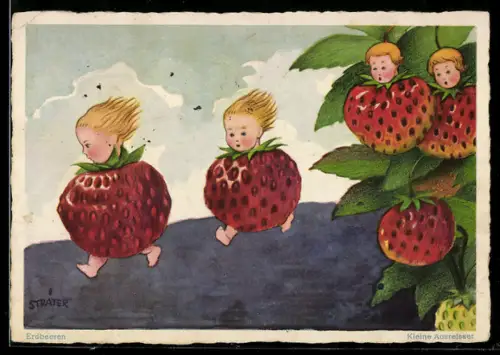 Künstler-AK sign. W. Sträter: Kleine Erdbeer-Kinder reissen aus