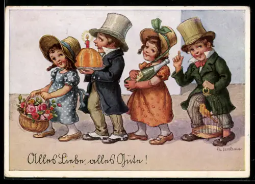 Künstler-AK sign. F. Bertram: Kinder bringen viele Geschenke zum Fest