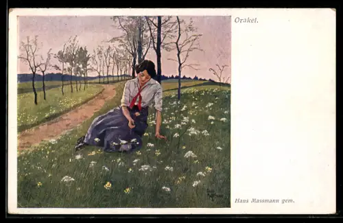Künstler-AK sign. Hans Massmann: Junge Frau sitzt auf der Wiese und betrachtet eine Blume, Orakel