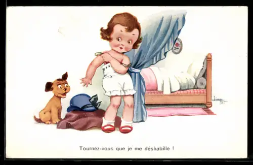 Künstler-AK sign.Jim Pott: Tournez-vous que je me déshabille! Mädchen zieht sich um und sagt ihrem Hund er soll wegsehen