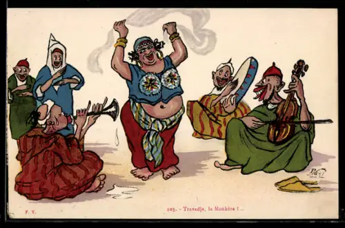 Künstler-AK sign. P. Néri: Bauchtänzerin und Musiker bei einem Auftritt