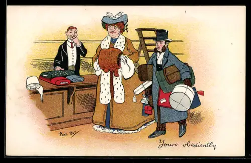 Künstler-AK sign. René Bull: Mann trägt die Pakete der Dame im Stoffgeschäft