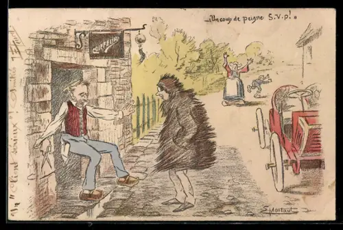 Künstler-AK sign. S. Montaul: Friseur erschrickt vor dem haarigen Kunden
