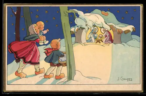 Künstler-AK sign. J. Gouppy: Kinder entdecken die Krippe im verschneiten Wald