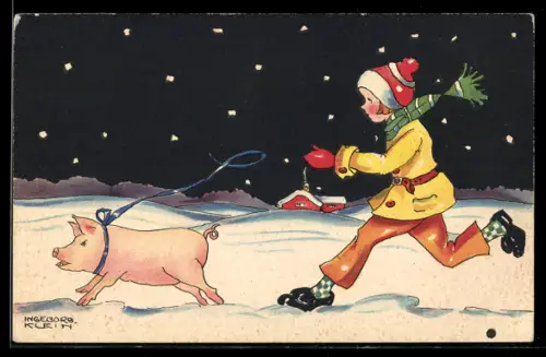 Künstler-AK sign. Ingeborg Klein: Mädchen rennt dem entlaufenen Schwein hinterher