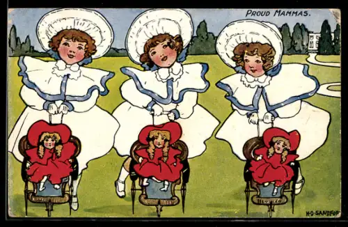Künstler-AK sign. H. O. Sandford: Mädchen schieben ihre Puppenwagen über die Wiese, Proud Mammas