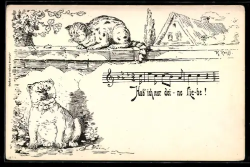 Lithographie Dicker Kater ersehnt Liebe von Katze auf einer Mauer