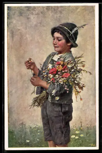 Künstler-AK sign. M. Budinski: Junge zupft an den Blüten einer Margerite, Sie liebt mich...