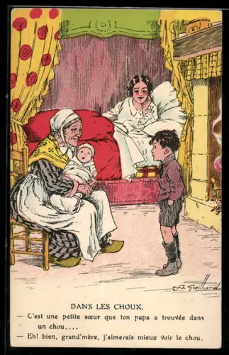 Künstler-AK sign. A. Gaillard: Junge betrachtet seine neugeborene Schwester