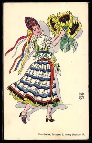 Künstler-AK sign. Undi: Frau in Tracht mit Sonnenblumen in der Hand