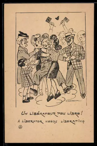 Künstler-AK sign. Cheneval: Frauen küssen und herzen den Soldaten, der sie befreit hat