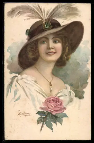 Künstler-AK sign. Marco: Junge Dame mit elegantem Hut