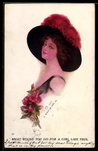 Künstler-AK sign. J. Knowles Hare Jr.: Dame mit extravagantem Hut