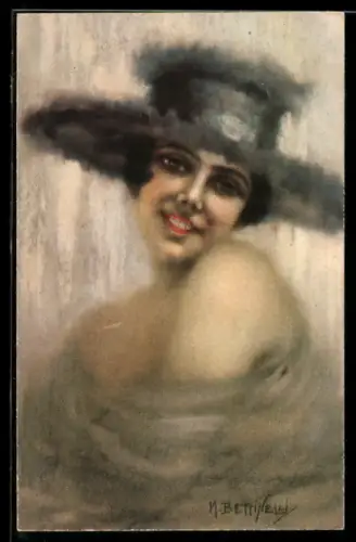 Künstler-AK sign. M. Bettinelli: Lächelnde Dame im schulterfreien Kleid
