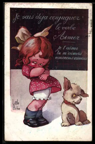 Künstler-AK sign. Little Pitche: Mädchen steht weinend vor der Tafel