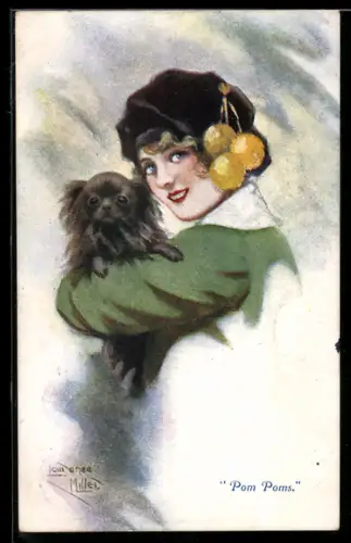 Künstler-AK sign. Laurence Miller: Junge Frau mit Hündchen im Arm