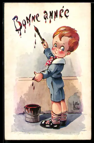 Künstler-AK sign. Little Pitche: Junge schreibt Bonne Année an die Wand