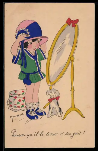 Künstler-AK sign. Monique: Mädchen probiert einen Hut vor dem Spiegel