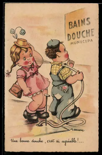 Künstler-AK sign. T. Gougeon: Handwerker hält einen Schlauch über der Schulter und durchnässt das Mädchen