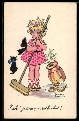 Künstler-AK sign. Edmund Sornein: Mädchen fegt die Scherben der Vase zusammen