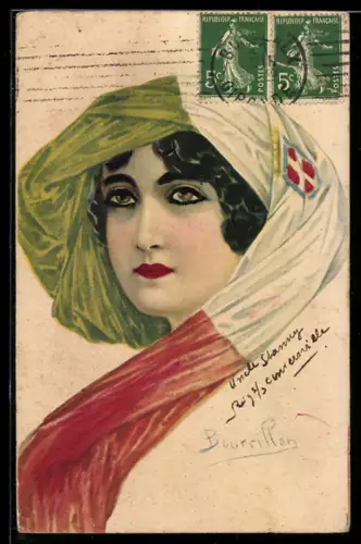 Künstler-AK sign. Bourrillon: Dame mit Kopftuch in grün-weiss-rot