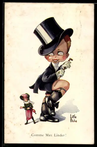 Künstler-AK sign. Little Pitche: Junge mit Frack und Zylinder betrachtet eine kleine Dame