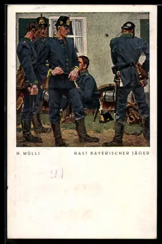 Künstler-AK sign. R. Mülli: Rast Bayerischer Jäger