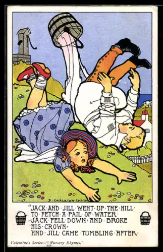 Künstler-AK sign. D. Carleton-Smyth: Mädchen und Junge fallen einen Hügel hinunter