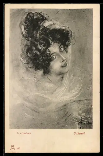 Künstler-AK sign. F. v. Lenbach: Lächelnde Dame im Porträt, Saharet