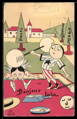 Künstler-AK sign. G. Lion: Junge schlägt beim Gewichtheben versehentlich seinen Trainingspartner