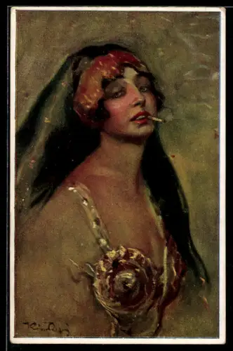 Künstler-AK sign. Kiss Rezsö: Dame mit Zigarette im Mund