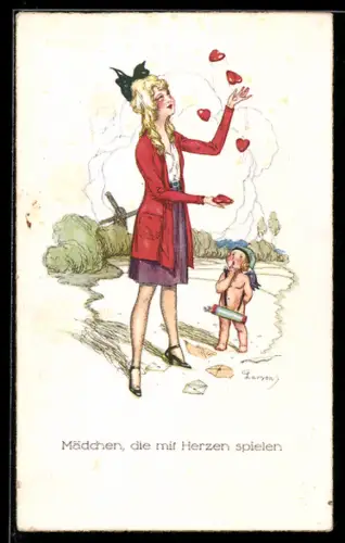 Künstler-AK sign. Larson: Amor betrachtet die Frau, die mit Herzen jongliert