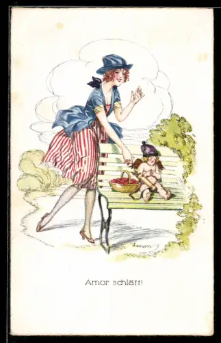 Künstler-AK sign. Larson: Frau greift nach den Herzen in Amors Korb