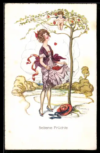 Künstler-AK sign. Larson: Frau sammelt die Herzen, die Amor vom Baum schüttelt