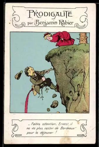 Künstler-AK sign. Benjamin Rabier: Frau betrachtet ihren Mann, der sich an der Felskante an einem Stamm festhält