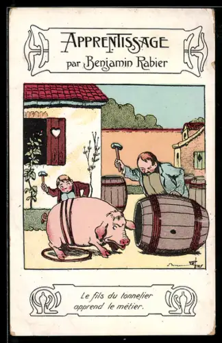 Künstler-AK sign. Benjamin Rabier: Junge lernt das Handwerk des Tonnenmachers von seinem Vater
