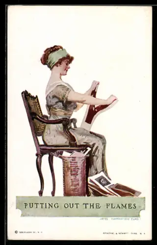 Künstler-AK sign. James Montgomery: Frau sitzt auf einem Stuhl und zerreisst die Bilder ihrer ehemaligen Freunde