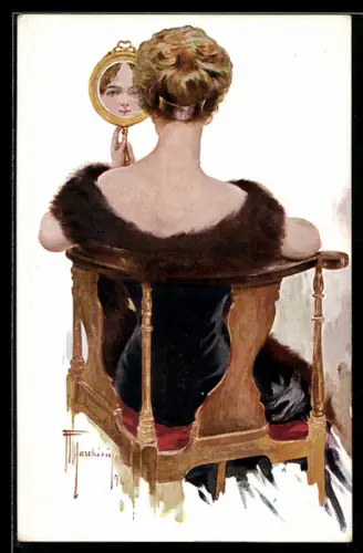 Künstler-AK sign. Marchisio: Junge Dame betrachtet sich im Spiegel