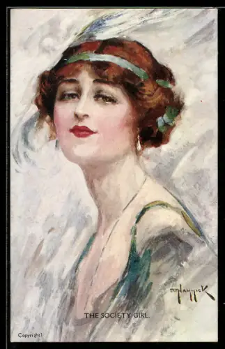 Künstler-AK sign. Hammick: Elegante Dame mit Feder am Haarband