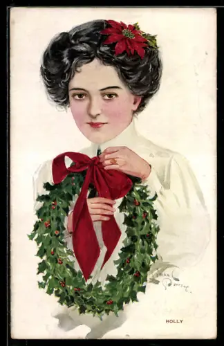 Künstler-AK sign. Powell: Junge Frau hält einen Weihnachtskranz in den Händen