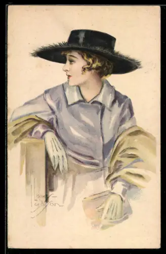 Künstler-AK sign. Ludson: Elegante Dame mit grossem Hut