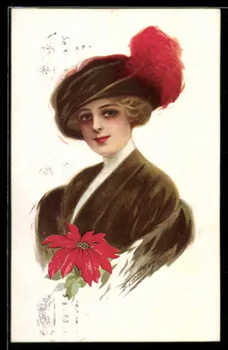 Künstler-AK sign. B. Tichlman: Junge Frau mit elegantem Hut