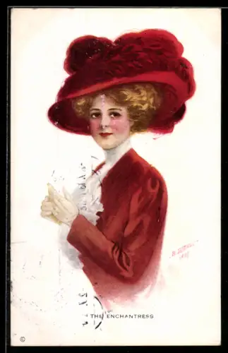 Künstler-AK sign. B. Tichlman: Junge Frau mit grossem Hut