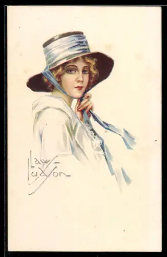 Künstler-AK sign. Ludson: Junge Frau bindet ihren Hut mit einer Schleife unter dem Kinn