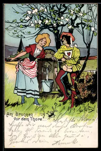 Künstler-AK sign. Pellon: Junger Mann flirtet mit der Frau am Brunnen