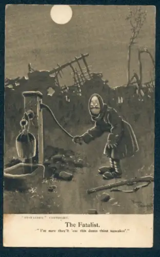 Künstler-AK sign. Bruce Bairnsfather: Mann am Brunnen, The Fatalist