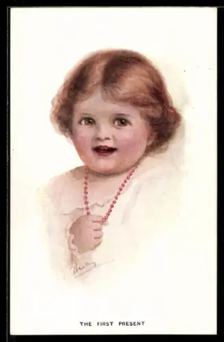 Künstler-AK sign. Bailey: Kleines Mädchen freut sich über die Kette, The First Present